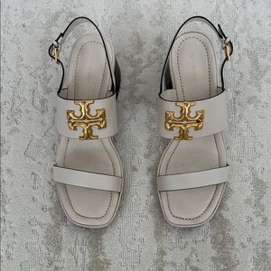 Tory Burch Leather Eleanor Block Heel Cream Sandals - size 10M